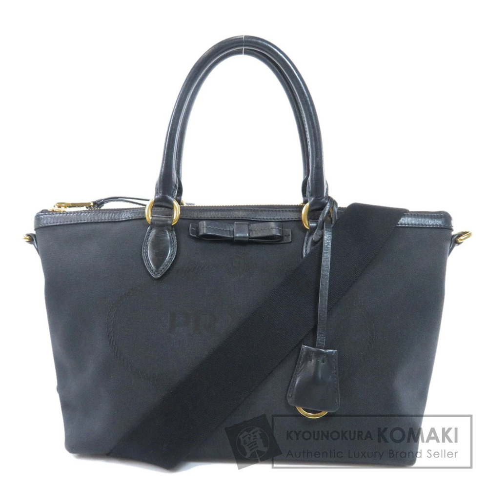 Prada Logo Jacquard 2Way Tote Bag black canvas rolled leather top handles
